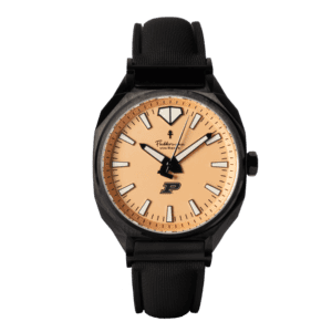 Blacked-out Purdue Boilermakers watch with gold dial and Motion P in a black PVD case