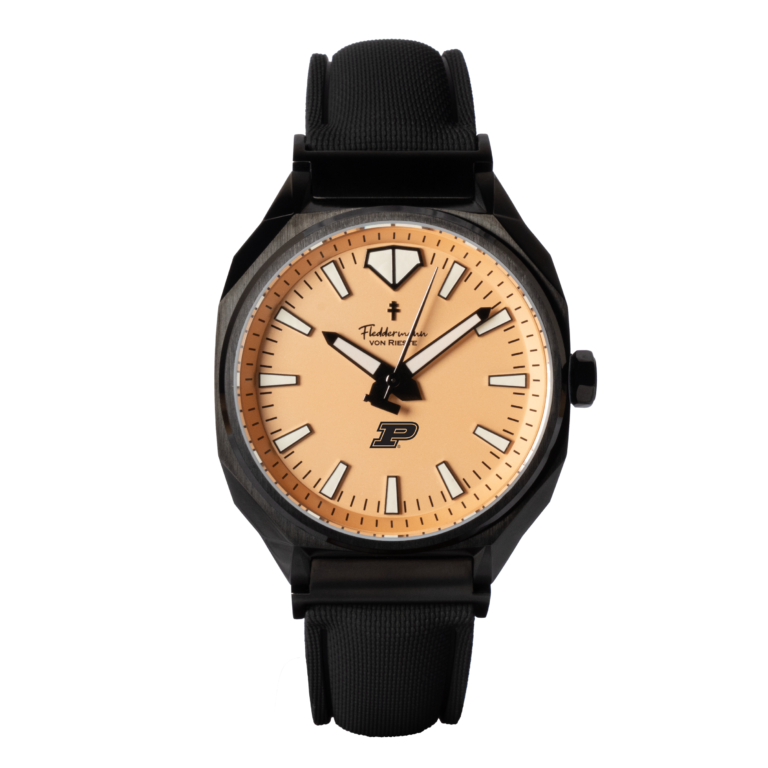 Blacked-out Purdue Boilermakers watch with gold dial and Motion P in a black PVD case
