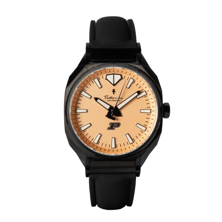 Blacked-out Purdue Boilermakers watch with gold dial and Motion P in a black PVD case