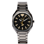 Purdue Boilermaker watch with black dial and gold Motion P in a polished 316 stainless steel case