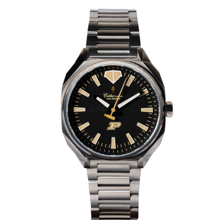 Purdue Boilermaker watch with black dial and gold Motion P in a polished 316 stainless steel case