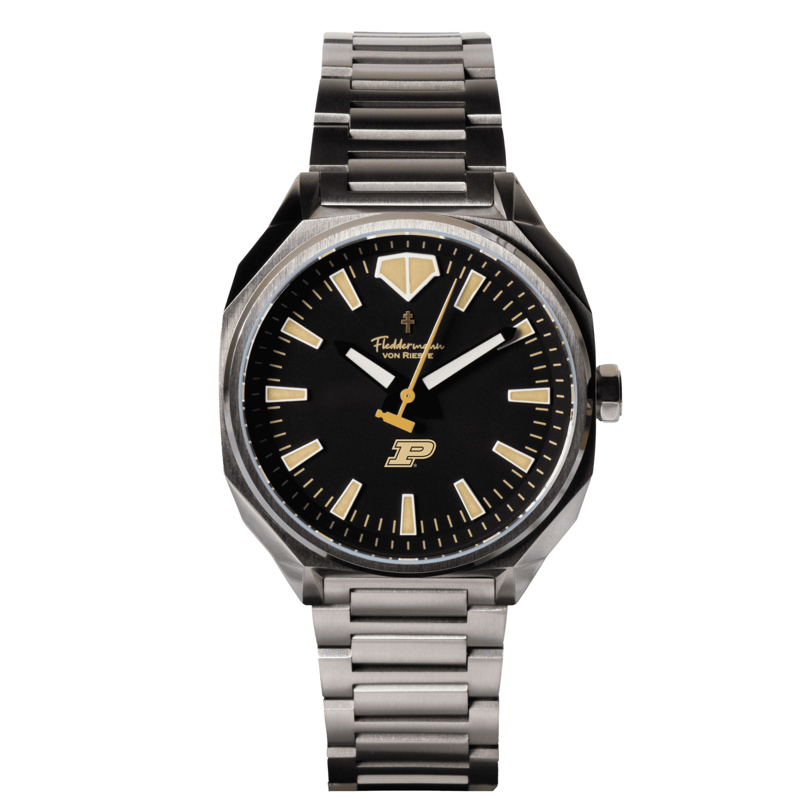 Purdue Boilermaker watch with black dial and gold Motion P in a polished 316 stainless steel case