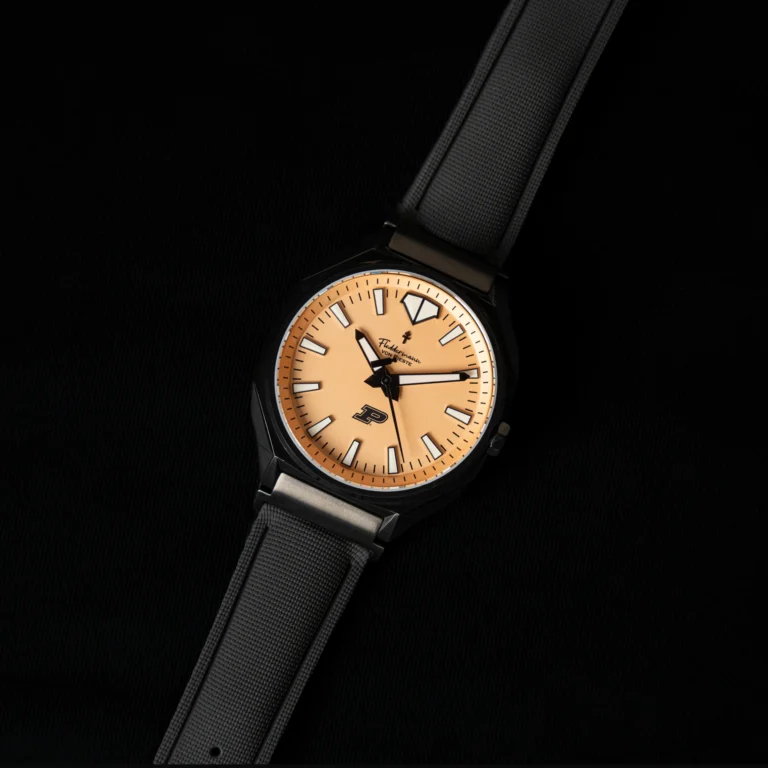 Blacked-out Purdue Boilermakers watch with gold dial and Motion P in a black PVD case