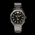 Purdue Boilermaker watch with black dial and gold Motion P in a polished 316 stainless steel case