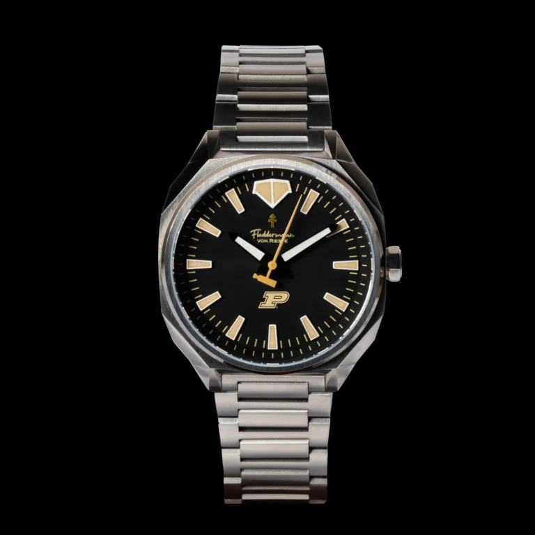 Purdue Boilermaker watch with black dial and gold Motion P in a polished 316 stainless steel case