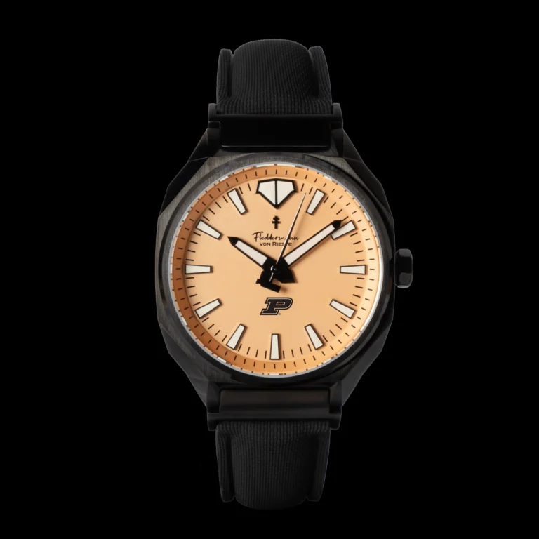 Blacked-out Purdue Boilermakers watch with gold dial and Motion P in a black PVD case