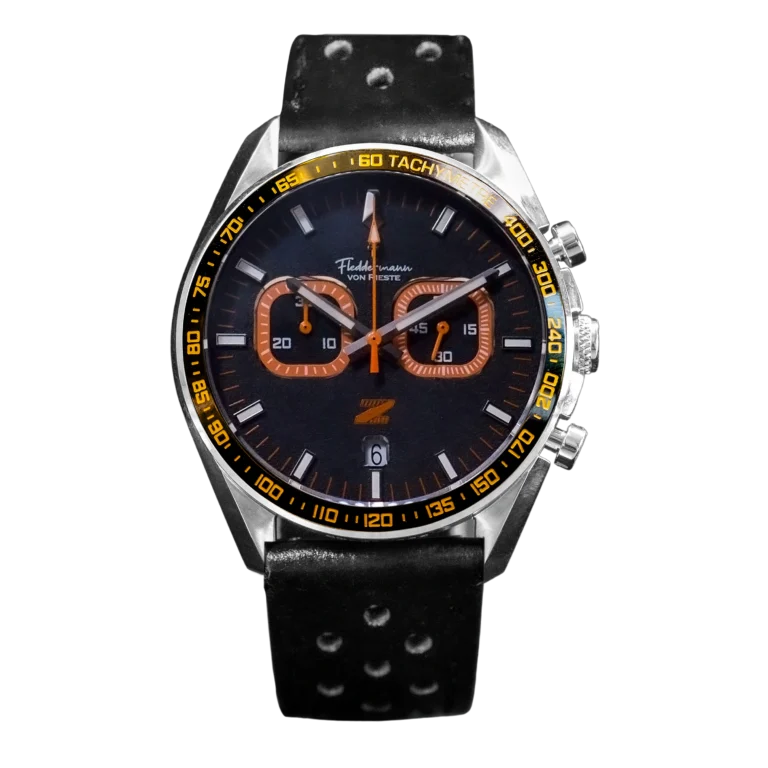 Zeitfahren watch in Night Fall Black with orange accents on the dial