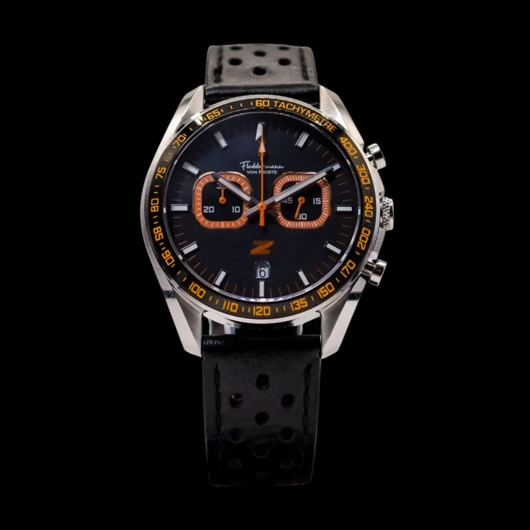 Zeitfahrene watch in Night Fall Black with orange accents on the dial