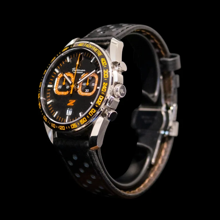 Right-side profile of the Zeitfahrene in Night Fall Black, showing the crown and case flank